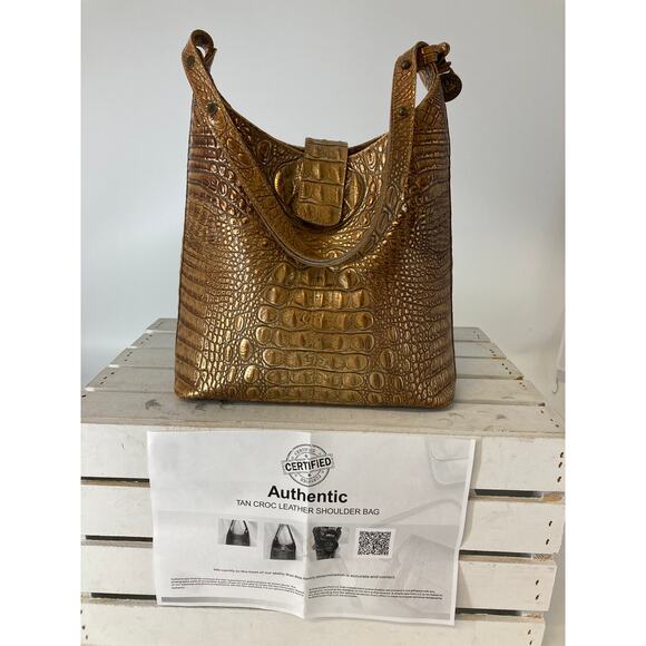 BRAHMIN BROWN AND GOLD SHIMMER CROCK LEATHER SHOULER BAG - Picture 1 of 16